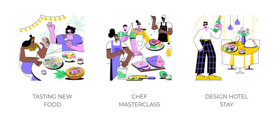 Poster - gastronomy tour isolated cartoon vector illustrations set. tasting new food, gastronomic experience,
