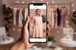 AI-powered style guide: Fashion item on phone screen algorithmically curated looks. e-fashion
