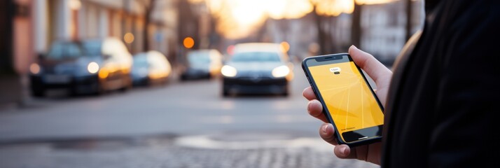 Poster - Discovering parking in city made effortless with AI smartphone app taxi car rental. Close-up
