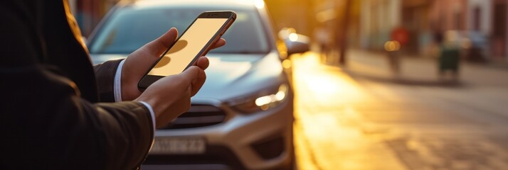 Poster - city user finds parking swiftly using AI app. Close-up of smartphone simplifying urban hustle