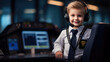 A little boy pretends to be an airplane pilot. The concept of children in adulthood.