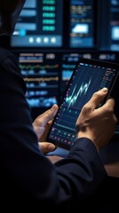 Poster -  Close-up of trader with tablet assisted by AI for stock decisions. Modern finance showcased