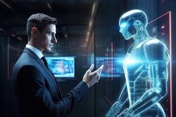 Poster - Virtual AI human assistant and man in dynamic interaction, futuristic convenience