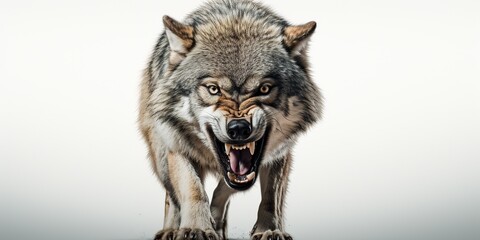 Front view of ferocious looking Wolf animal looking at the camera with mouth open isolated on a transparent background