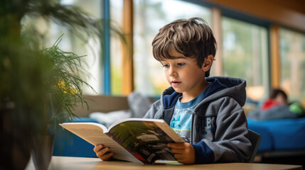 Wall Mural - A little boy preschooler reading a book sitting at his desk in the classroom