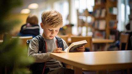 Sticker - A little boy preschooler reading a book sitting at his desk in the classroom