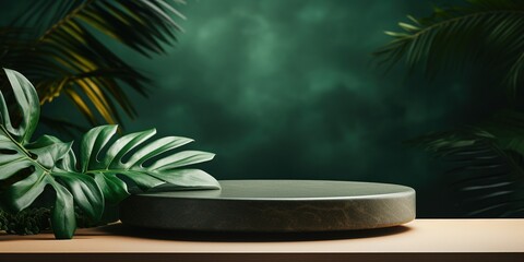 Green background podium product platform for nature beauty cosmetic stage scene. Abstract rock podium pedestal mockup with green leaf shadow. Photography showcase fresh banner.