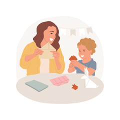Poster - Origami isolated cartoon vector illustration. Happy family making origami together and smiling, having common hobby, hands-on activity, people doing art, handmade gift idea vector cartoon.