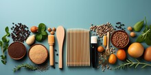 Hair Care Banner With Wooden Combs, Ingredients For Mask For Hair, Vitamins For Health Hair, Natural Oils And Accessories On A Blue Background. Natural Beauty Products For Hair