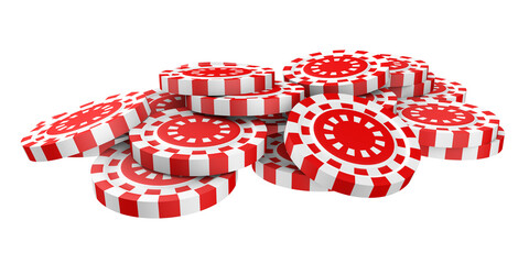 Red casino chips isolated on transparent background png. 3D render. Gambling and casino concept.