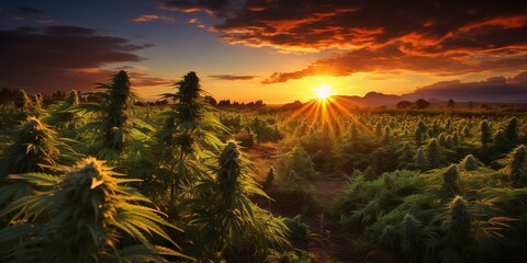 The sun is setting over a field of marijuana.