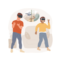 Wall Mural - Adventure isolated cartoon vector illustration. Teenage boys wearing virtual reality headsets at home, playing video games, plunging into adventure atmosphere, fantasy world vector cartoon.