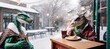 Funny dragons drink coffee with bakery in a cafe during snowfall