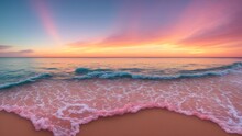 A Beach With Waves And A Pink Sky