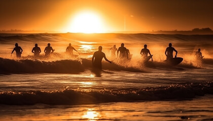 Sticker - Silhouettes of young adults surfing waves at Maui tropical coastline