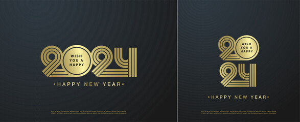 Happy New Year 2024 concept. 2024 happy new year luxury gold number. Vector illustration on set black background.