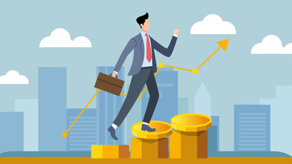 flat illustration of business person on graph with gold coin