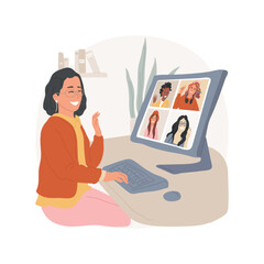 Poster - Virtual meeting room isolated cartoon vector illustration. Teen girl having communication with group of friends during live chatting via internet, online virtual meeting vector cartoon.