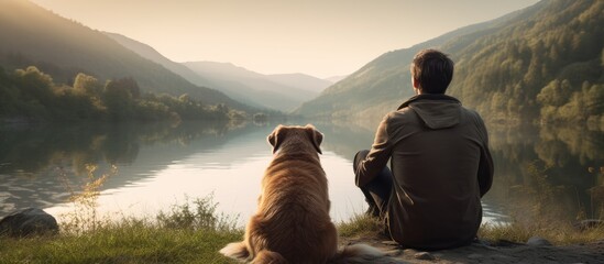 Canvas Print - Man and his dog in natural environment With copyspace for text