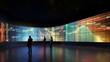 A dynamic visualization of stock price movements and trading volume on a large video wall. AI generated