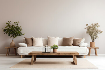 Wall Mural - Living room interior in cozy Scandinavian and modern style decoration with sofa, wooden table and plant with empty wall copy space for mock up, minimal decor design concept.