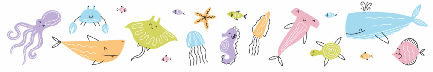 Vector collection of marine life hand-drawn in doodle style