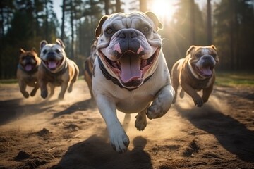 Aufkleber - A group of dogs running across a dirt field. This image can be used to depict energy, freedom, and the joy of outdoor activities.