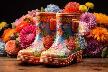 Aufkleber - A detailed shot of a pair of rain boots with a beautiful floral background. Perfect for showcasing the beauty of rainy days and adding a touch of nature to your designs.