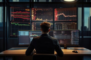 Aufkleber - A man is seen sitting at a desk with two monitors. This image can be used to depict a professional working environment or a modern office setup.