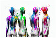 Four white plastic mannequins in the boutique are covered in colored paint. Paint splashes on mannequins. AI generated.