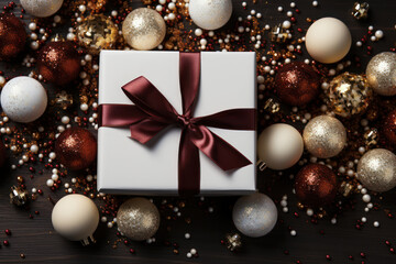 Canvas Print - Gifts background. White gift box with scarlet ribbon, New Year balls and sparkling lights. Generative Ai.