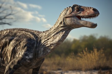Poster - A detailed close-up view of a dinosaur with its mouth wide open. 