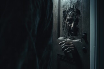 Aufkleber - A person standing in front of a door in a dark room. This image can be used to depict mystery, anticipation, or a sense of unknown possibilities.