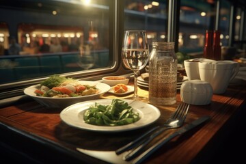 Aufkleber - A picture of a table with plates of food and a glass of wine. Perfect for showcasing delicious meals and elegant dining experiences.