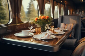 Poster - A table with neatly arranged place settings in a train car. Perfect for illustrating dining on a train or showcasing elegant table arrangements.
