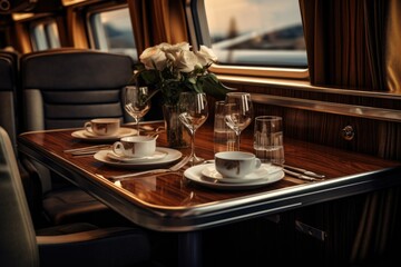 Poster - A picture of a table set for two on a train. Perfect for illustrating a romantic dinner or a dining experience on a train journey