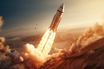 Poster - A powerful rocket taking off from a desert area. Perfect for illustrating space exploration, technological advancements, and scientific achievements