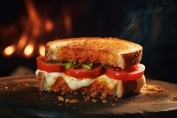 Wall Mural - A close-up view of a sandwich on a cutting board. This image can be used to showcase delicious food or for culinary-themed projects