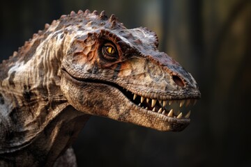 Poster - A close-up view of a T-Rex dinosaur with its mouth wide open. 