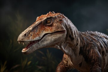 Poster - A detailed close-up image of a dinosaur with its mouth wide open. 