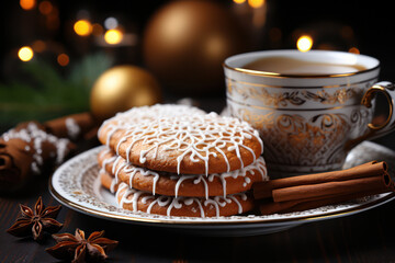 Sticker - Christmas gingerbread cookies with icing, cup of tea. Generative Ai.