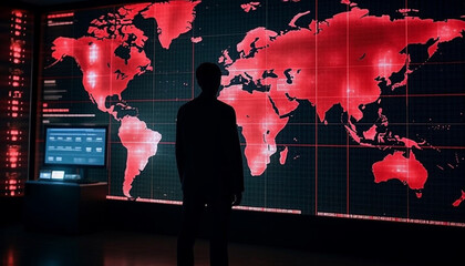 Poster - Global businessman standing, holding glowing world map silhouette, pointing direction generated by AI