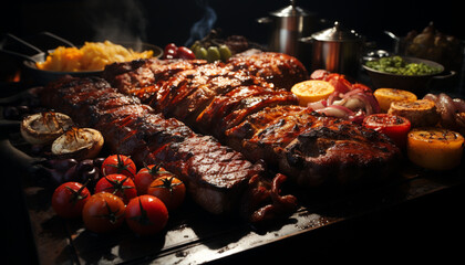 Poster - Grilled beef steak, cooked to perfection, ready to eat outdoors generated by AI