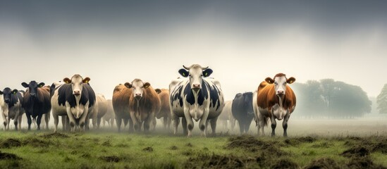 Poster - Cows quietly graze in a meadow in North Brabant with reed plants visible in the foreground With copyspace for text