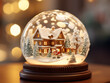 Close-up of a detailed snow globe with a wintry scene of children playing and a snow-covered cottage.