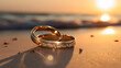Close-up of a golden wedding ring with a blurred romantic beach sunset behind.
