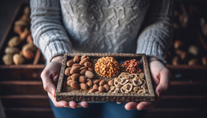 Wall Mural - One person holding homemade rustic snack, showing freshness and healthy eating generated by AI