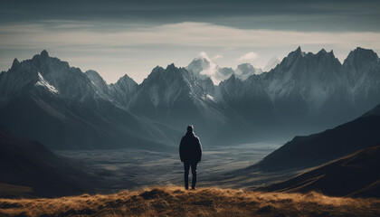 Wall Mural - Standing silhouette, one person, mountain peak, hiking, adventure, outdoors generated by AI