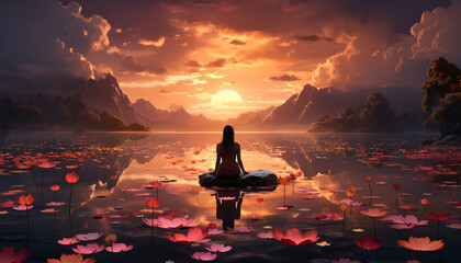 Poster - Women meditating in lotus position, finding tranquility in nature beauty generated by AI