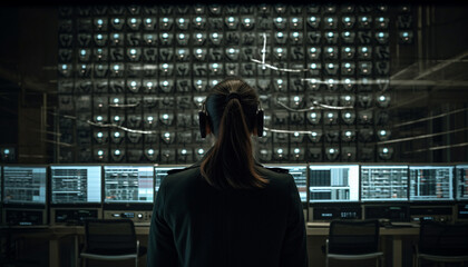 Wall Mural - Young adult woman working indoors, using computer and headphones generated by AI